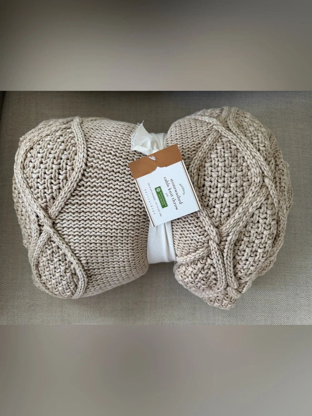 NWT POTTERY BARN Stonewashed Cable Knit Throw Blanket New 50 x 60 Flax